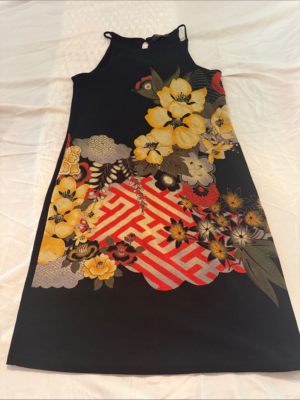 Women’s Black Floral Shift Dress with Yellow Accents